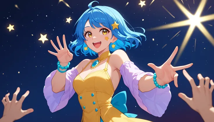 full body long shot of a beautiful blue-haired anime girl happy gesture, feautring as an singer on stage, singing anime girl, . She has medium-length hair that shines like stars, large yellow color eyes, and wears a modern dress of black color with jewels ...