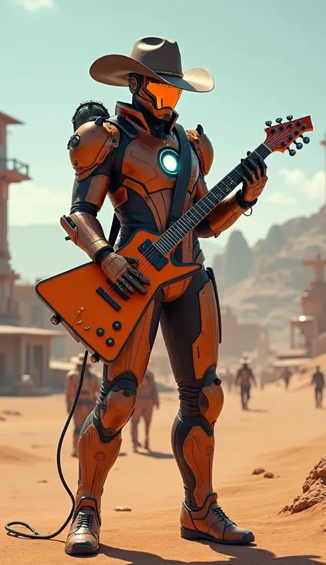 Western Cyber iron-Man:  Brown and orange costume with futuristic cowboy hat , holding an electric guitar shaped weapon ,  on desert background with buildings a la cyber-wild west.
