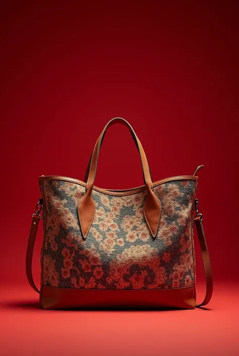 The design of a traditional bag combining carpet and leather is on display on a crimson screen