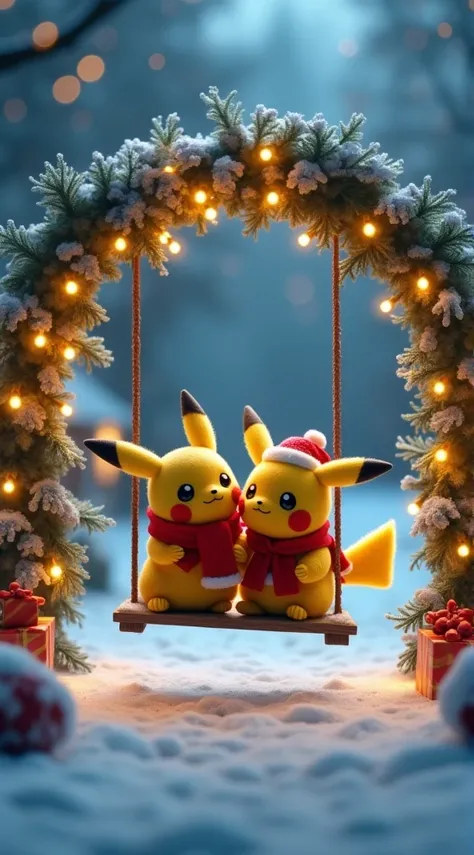 Decorated arch and two baby Pikachu sitting on a swing hanging from the arch, The Pikachus are wearing Santas clothes and hats. Night twinkling lights and snowy background. Cinematic realistic, movie.