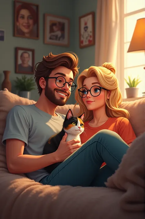 Jeune couple dans leur appartement.
Le garçon à les cheveux bruns courts avec une barbe et des lunettes.
La fille est blonde avec des lunettes.
Le chat est roux noir et blanc.