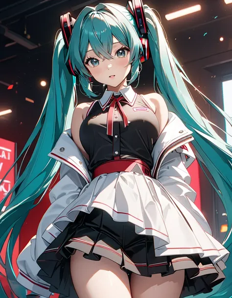  high school girl, ( Japanese anime style),  cute, ( Hatsune Miku :1.5),  Cowboy Shot , masterpiece:1.5, masterpiece, highest quality, UHD, retina, masterpiece, accurate anatomy, super detailed, high quality, best quality, 8k