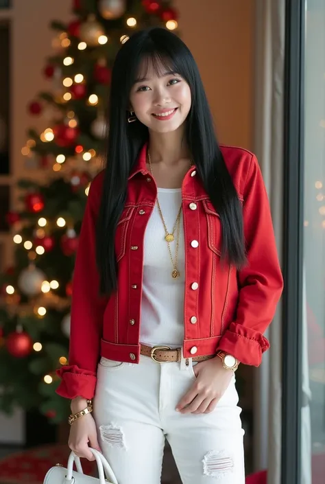 A  beautiful Asian 26x24x38 body size 130kgs woman, white soft skin, smiled, long black straight hair with bangs, wearing royal-red  denim jacket ,,white fitted shirt inside,and white denim fitted ripped jeans,white handbag, belt, red white sports shoes. w...