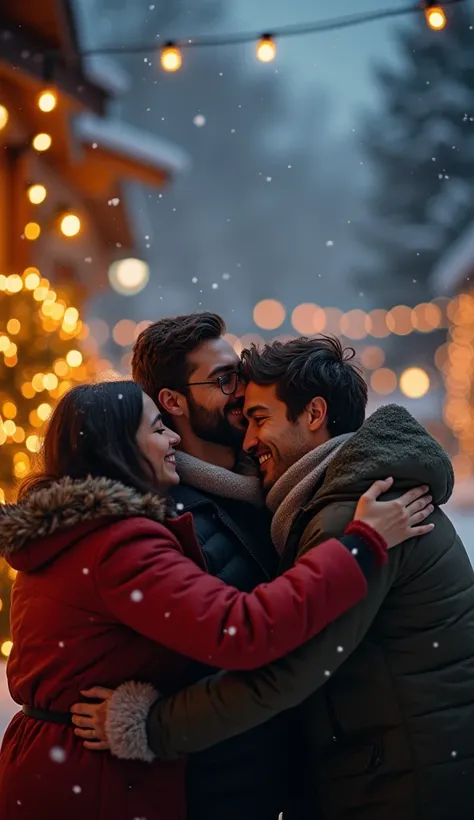 Un abrazo grupal bajo luces navideñas:
"A hyper-realistic image of a diverse group of people sharing a heartfelt hug under warm, glowing Christmas lights. The background features snow-covered trees and a peaceful December night sky. The expressions of the ...