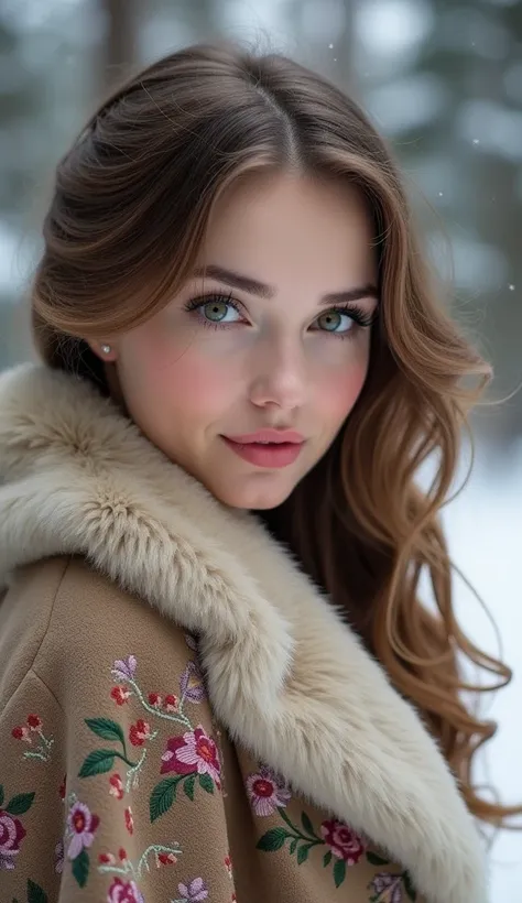 A Russian woman with curvy chubby figure with striking deep green eyes, pale porcelain-like skin, and soft, rounded cheeks with a slight blush. Her face is framed by thick, light brown hair with soft curls cascading down her shoulders. She has delicate lip...