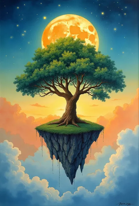 painting of a tree on a floating island with a full moon, added detail, inspired by Maxfield Parrish, fantasy water color, island floating in the sky, painting of a dreamscape, fantasy tree, inspired by Svetoslav Roerich, tree of life seed of doubt, mystic...