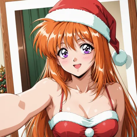 masterpiece, best quality, Christmas Polaroid Photo Generator, SaekiRuruna, 1girl, solo, long hair, orange hair, purple eyes, medium breasts, retro artstyle, anime coloring, smile, happy, blush, santa, xmas party, xmas tree, xmas, Take a selfie with polaro...