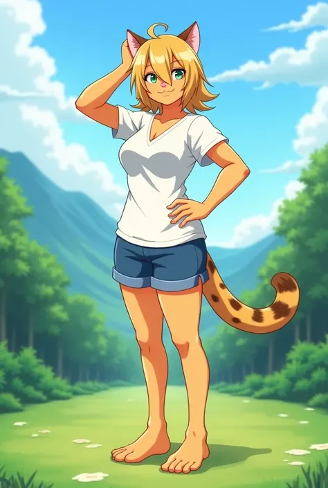  Demonstration
Copy 
((masterpiece)), ((best quality)), (illustration, cartoon, colorful), furry female, cheetah, felid, feline, mammal, anthro, blonde hair, clothing, female, fur, hair, Alone, white short sleeve shirt, blue shorts, barefoot, (((long shot,...