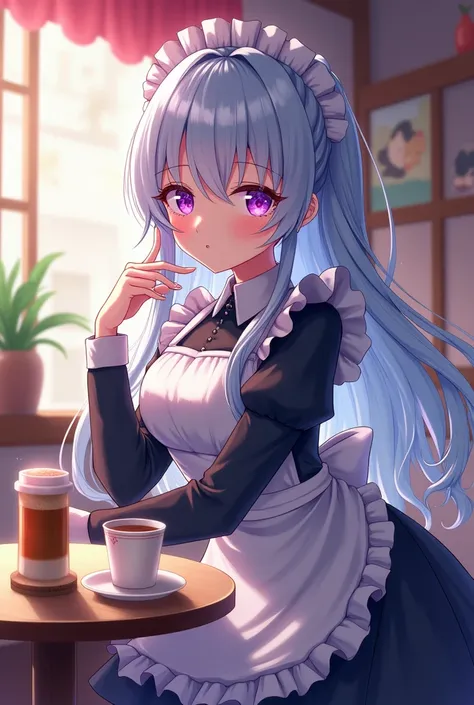 Maid cafe, woman, sexy, cute, long silver blue hair, sparkling purple eyes, lovely