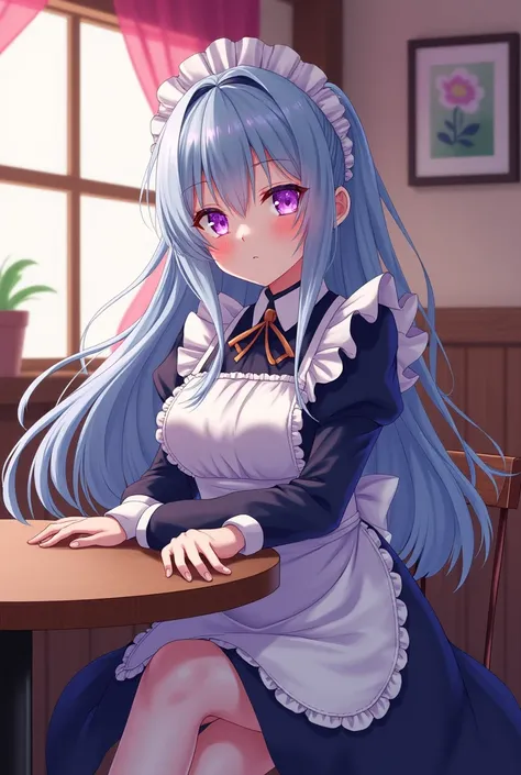 Maid cafe, woman, sexy, cute, long silver blue hair, sparkling purple eyes, lovely