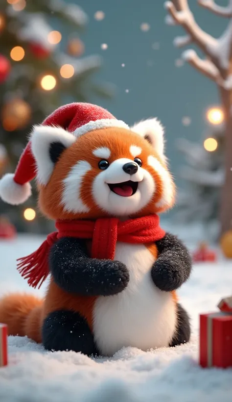 cute little fluffy panda,  christmas decoration theme, , cute mini robotic snowman, laughing singing, unreal engine, 8k, hd