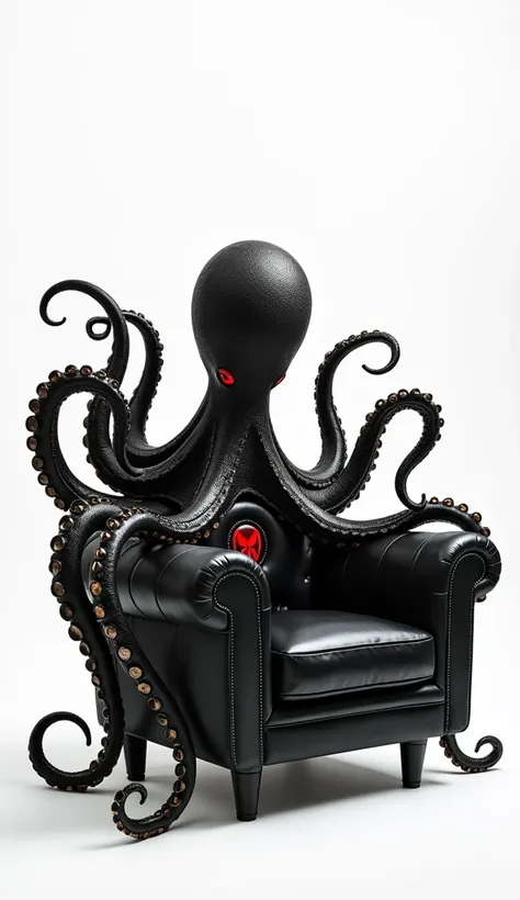 (photorealism:1.2), a sleek black leather sofa inspired by Black Widow, a red hourglass emblem on the cushions, an elegant octopus head with Black Widows hairstyle rising from the backrest, eight slender tentacles like spider legs extending outward, clean ...