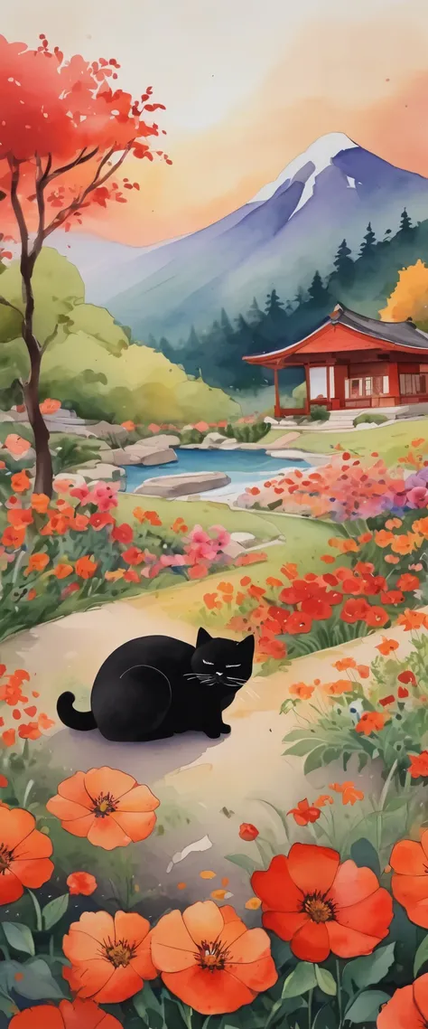 This is a painting depicting a mountain landscape..、Red and orange flower garden、A black cat sleeping inside a single petal、Warm color background、Rest your mind、Peace of mind、flower garden、Black cat、watercolor painting、masterpiece、participate、Cute drawings...