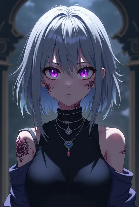 Anime female grey hair purple eyes and scars on face and neck