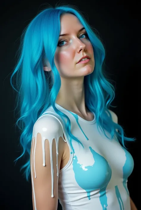 (((  professional photo shoot  ))) Wonderful and   (((  surreal image  )))   from a beautiful woman with light blue hair , white color,   dripped down her body  ,   paint everywhere  ?   dark background  .
