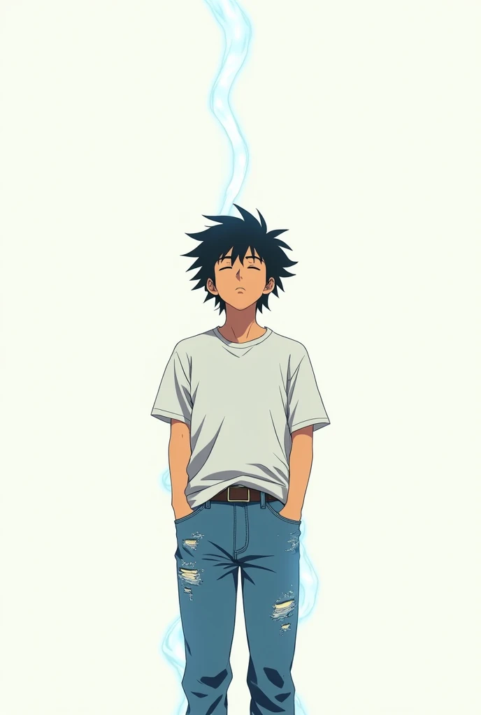 ANIME STYLE FROM THE 80S. A  boy with messy black hair, wearing a white t-shirt and jeans, he is standing concentrated with his eyes closed, everything around him becomes white, as if he is in limbo, blue energy begins to flow through your veins.
