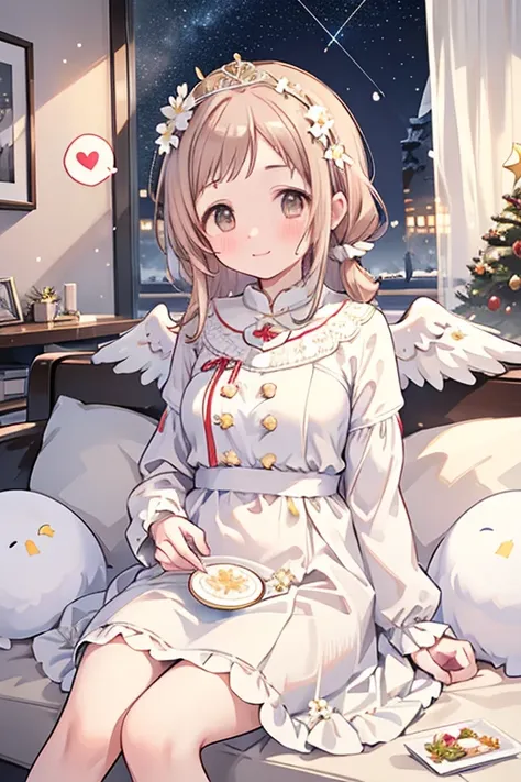 Sakuragi Mano, ((Mega Breasts)),　　(((Starry Sky))), Absolute territory,　　smile, 　((Midnight)), Fluffy,　(Healing), Frills, ((a little white pigeon)), ((feathers)),　brooch, medium hair, best quality, masterpiece, blush, pigeons blood ruby accessory, light br...