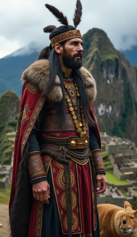 An image of Messi dressed as a great Peruvian Inka king with the mascaypacha on his head, accompanied by a huge Andean Puma in Macchu Picchu, the scene is dramatic and gloomy and hyper realistic in vertical format.