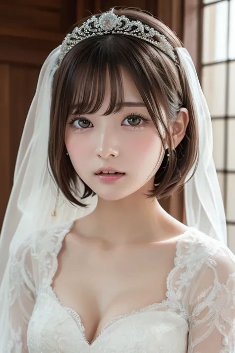 (8k， top quality ， RAW photo，超 high definition ， high definition ， attention to detail， attention to detail，超 high definition )，(((Very  beautiful girl )))，(豪華なレースの wedding dress 、 tiara )，Realistic atmosphere，【Image Center， cute girl，Young Face，baby face，...