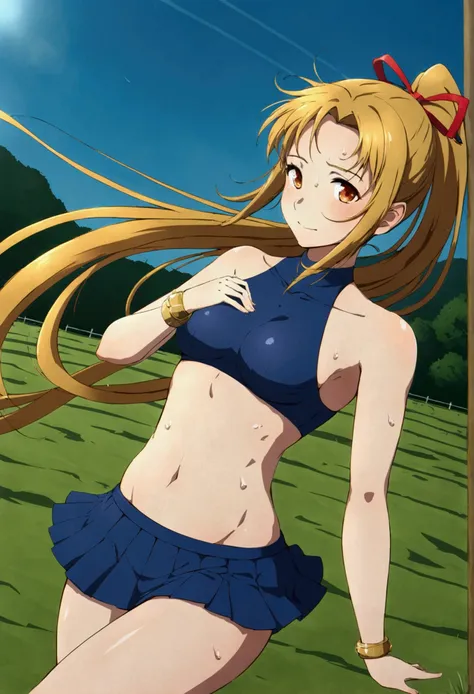 （ top quality ，4K，8k），pt、 ponytail， fantasy fashion，A scene from an anime，Cool scenes，The wind blowing through， pleated skirt，Belly button， sleeveless tops ， asymmetrical design outfit，long ribbon of yellow，Girl standing on a prairie in another world ，blue...