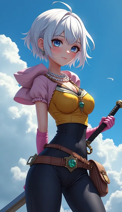 (masterpiece,  top quality :1.1), Thief (dq3),  1 girl, Alone,  short hair, White Hair,  blue eyes, medium breasts, Pink gloves, gem,  pearl necklace,  earrings for women with first name, belt, sword, yellow breastplate,  Black Bodysuit, bag, (coin, sword ...