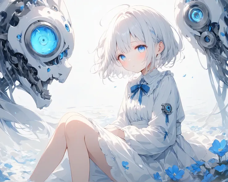  mechanical girl 、 white long skirt and clothes 、White Hair、 blue eyes、 short hair、gear、 illustration based on white and blue、Ephemeral and sad image ソロ, 1人の女の子, 