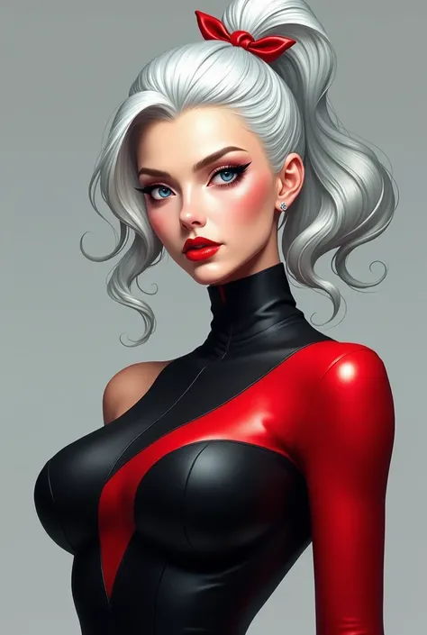 This character exudes elegance and power, with her appearance perfectly blending sophistication and intensity. Her silvery-white hair flows in soft, voluminous waves, tied into a high ponytail with a simple red ribbon, leaving loose strands to frame her an...