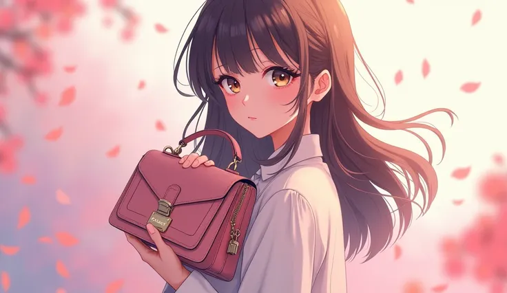 a beautiful woman holding a momentum handbag ,  anime style 