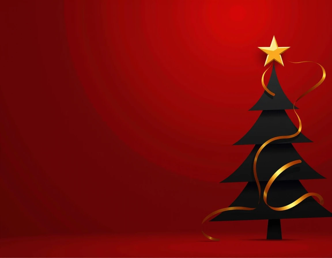 dark red background and the design of a stylized Christmas tree with a golden ribbon in the left corner