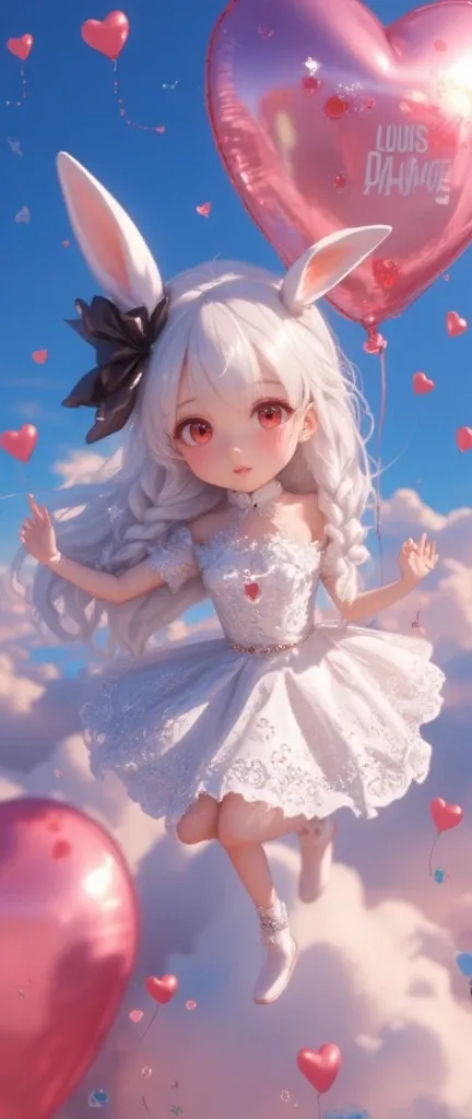 Cute pop balloons shaped "LOUIS DANGER". Pop and vivid and comical and colorful and cute art. Everything floating under zero-gravity weightlessness. gorgeous and colorful heart marks and star marks. rabbit girl(chibi,cute, kawaii,red eyes,white rabbit ears...