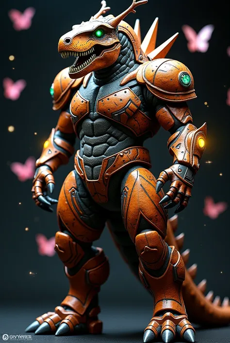 Replica of a warrior in a very realistic bio-brown T-Rex dinosaur armor inspired by Guyvers aesthetic. This character features elaborate biomechanical armor with glowing yellow and blue sparkles, sharp blade-like protrusions on the arms, and a helmet that ...