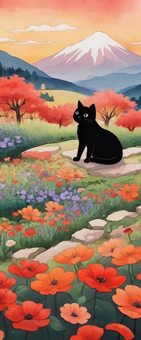 This is a painting depicting a mountain landscape..、Red and orange flower garden、A black cat sleeping inside a single petal、Warm color background、Rest your mind、Peace of mind、flower garden、Black cat、watercolor painting、masterpiece、participate、Cute drawings...