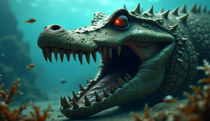 realistic photo with blurred background of a giant prehistoric crocodile jaw hidden in the seaweed at the bottom of the sea with a terrifying look and red eyes, a very angry face ,  the creature opens its mouth very fiercely , surrounded by other small spe...