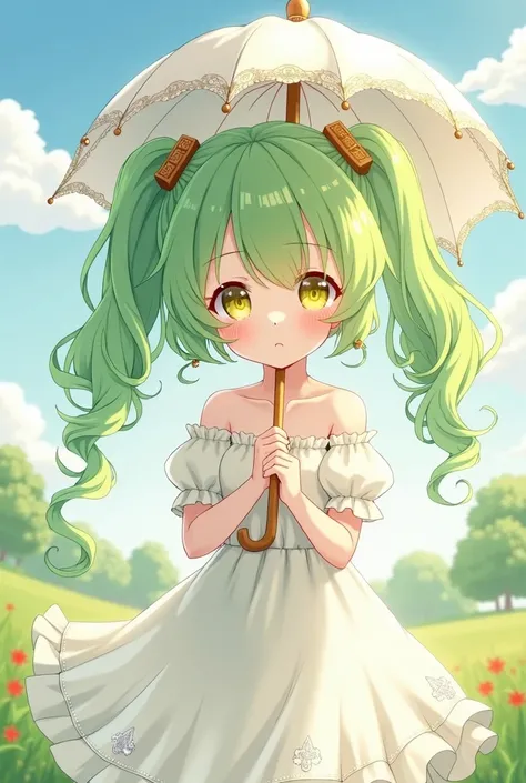 An innocent anime character with gold eyes, bright green hair, curly twin tail, white clothes, white parasol underneath, 16-year-old version, glamorous 