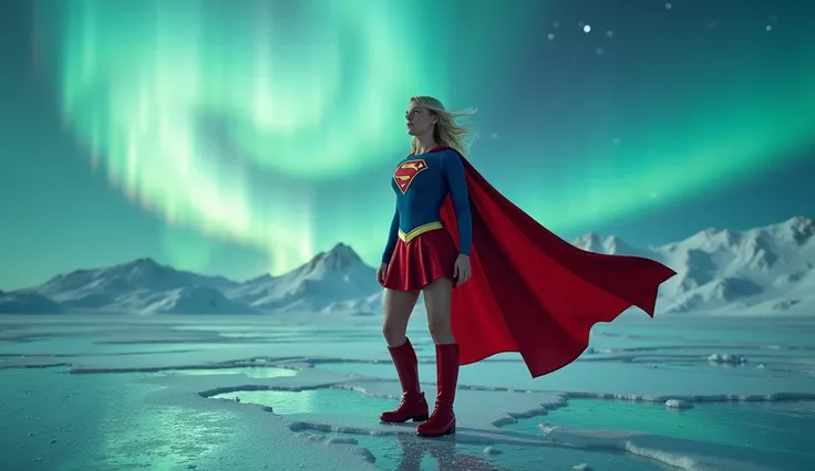 In a hyper-realistic and cinematic scene, Supergirl is captured from a dramatic birds-eye view, standing powerfully on the icy tundra below. The vibrant northern lights twist and flow through the sky, their colors reflecting vividly off her smooth, shiny b...