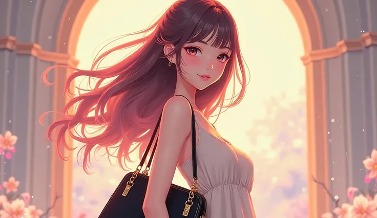 a beautiful woman wearing a momentum handbag ,  anime style 