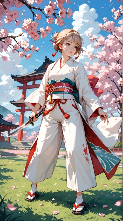  A young beautiful Japanese female martial artist ， dressed in Japanese kimono ，Hands holding a Tai Sword ， in a field full of cherry blossoms ， doing a swaying motion like clouds，