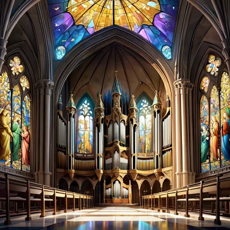 A combination of Romanesque and Gothic architecture, a domed cathedral, beautiful murals, stained glass, a huge pipe organ, iridescent transparent fairies flying around the ceiling, glittering gold dust falling, and other painting-style illustrations, prof...