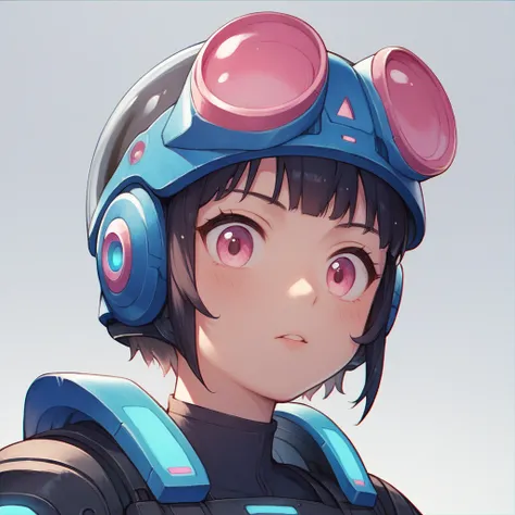 Young woman in a futuristic armored suit, wearing a sleek black helmet with glowing blue neon accents. Her helmet partially reveals her face, showing vibrant pink eyes with a focused expression. The suit is form-fitting, featuring a high-tech design with g...