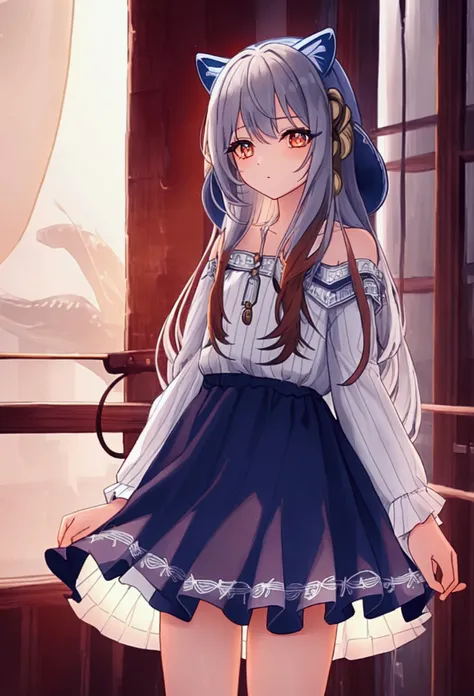 ( masterpiece fails,  better quality ),  1girl, {cocoons_bluearchive:1.15},  long hair, (  beautiful detailed eyes :1.15), (  cowboy shot :1.5),  orange eyes ,  grey hair, bang,  multicolored hair , striped hair , animal ears, halo, Striped dress, vertical...