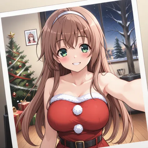 masterpiece, best quality, Christmas Polaroid Photo Generator, MomoseAyumu, 1girl, solo, long hair, brown hair, green eyes, large breasts, hairband, ahoge, smile, happy, blush, santa, xmas party, xmas tree, xmas, Take a selfie with polaroid photo generator...