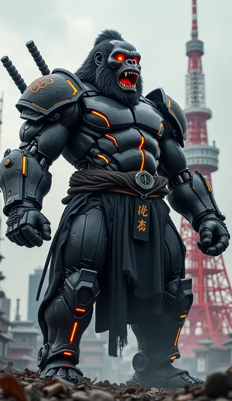 Generate a highly realistic image of a formidable Japanese supervillain known as "Kongō," a master of dark, simian powers and technological terror inspired by Japanese pop culture and the symbolism of the gorilla. Kongō stands at around 69" with a towering...