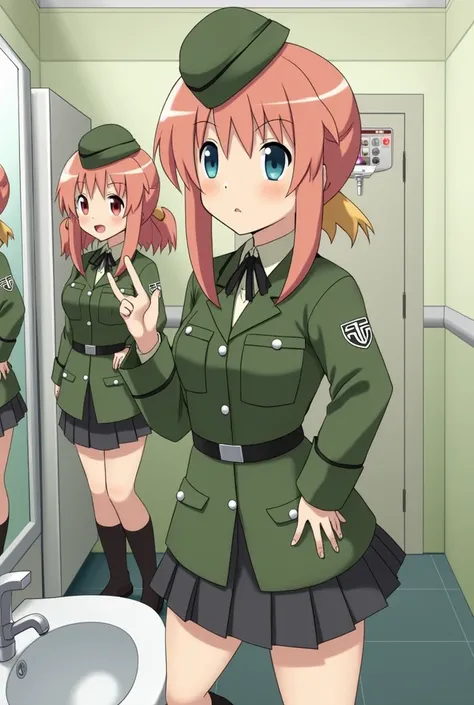 Anime characters in uniform posing for photos in the bathroom, GAINAX ANIME STYLE , Fujita Goro!, ry Girls,  Pokémon military training , Cammy,   ANIME MAID NACHI SS MILITARY  ,  kashart kentz ,  Mechanical Soldier Girl ,  Ikemura Rieko , ry Girl, only,   ...