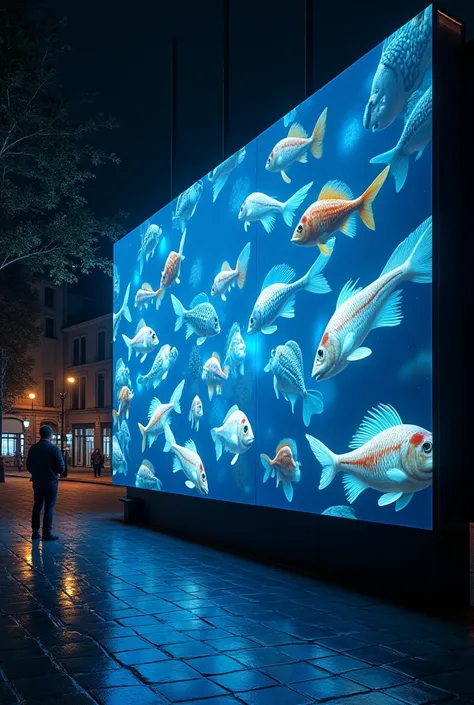 Outdoor night advertising with glowing fish effect