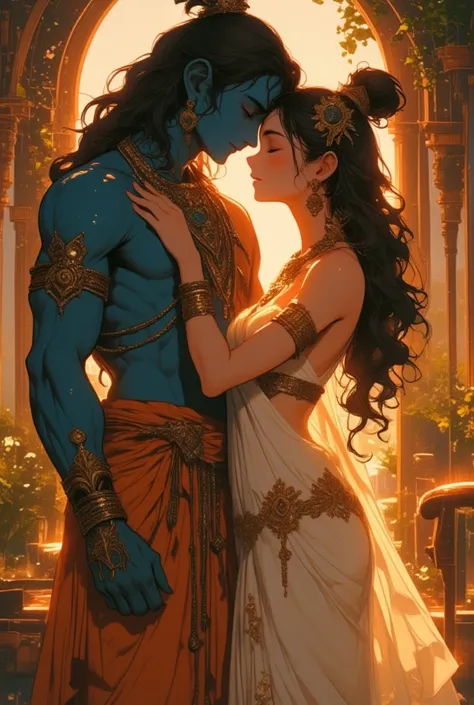 "A  full-body modern portrayal of Radha and Krishna together in an intimate, cozy setting that highlights their divine love and connection. Krishna has a deep blue skin tone, wearing attire that begins at his hips and extends to his knees, adorned with mod...