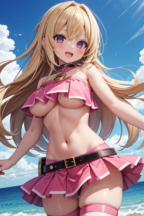 1 girl, anime screencap,score_anime, best quality, masterpiece, ultra high res, cute, shiny skin, pink costume, bandeau, (navel:1.2), midriff, bare stomach, bare shoulder, underboob, miniskirt, pencil skirt, belt, (single thighhigh:1.2), huge breasts, long...