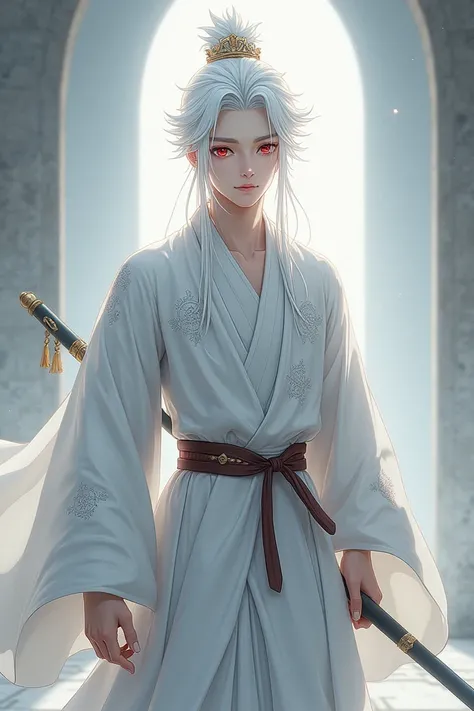 An albino guy with red eyes white short hair using white clothes and holding a sword. Make it anime-ish and the boy had a 1600 year style, and hes 23 years old