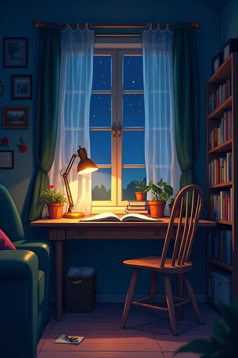 a study table with books and a lamp, inside a room at night in the best anime style