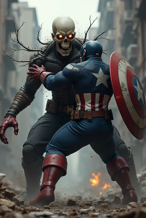 A skull fighting and winning and killing Captain America in a fight