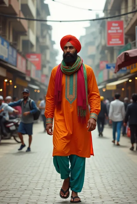 A man wearing a Punjabi is walking down the street.